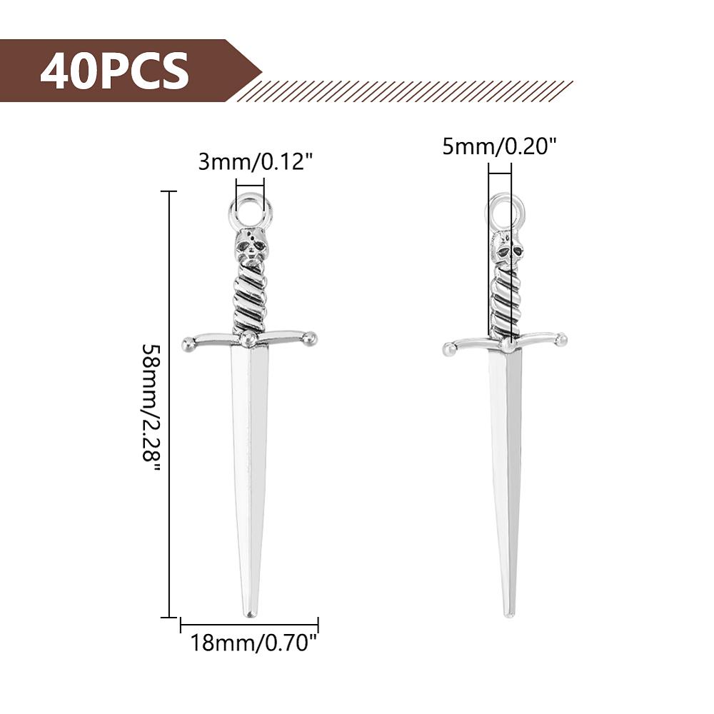 40Pcs Tibetan Style DIY Alloy Sword Weapon Big Pendants Antique Silver 58x18x5mm Hole: 3mm