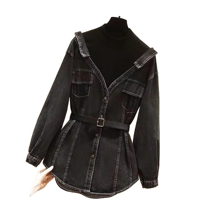 Women's Denim Jacket Spring Autumn Fake Two Pieces Appear Thin Ladies Temperament Long Sleeve Female Cowboy Coat