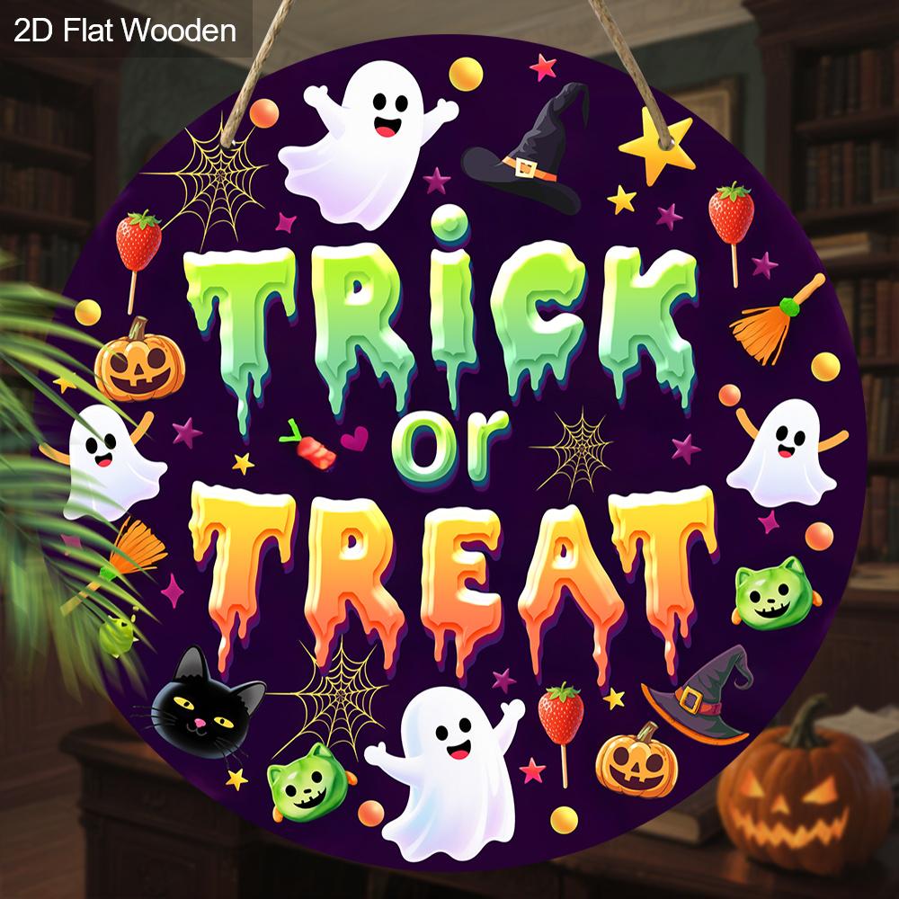 JIT 1pc 2D Flat 'trick or Treat' Halloween Theme Wooden Decorative Signs & Plaque, Bohemian Style Wall Hanging Decor, Suitable for Family Front Door