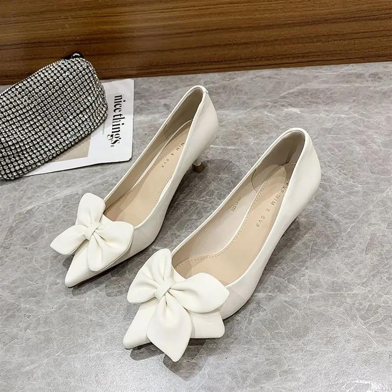 Fashion Office With Bow Off White Women's Shoes Leather Casual Wholesale Non Slip High Quality Fashion Chic Point Footwear Ladies Pumps