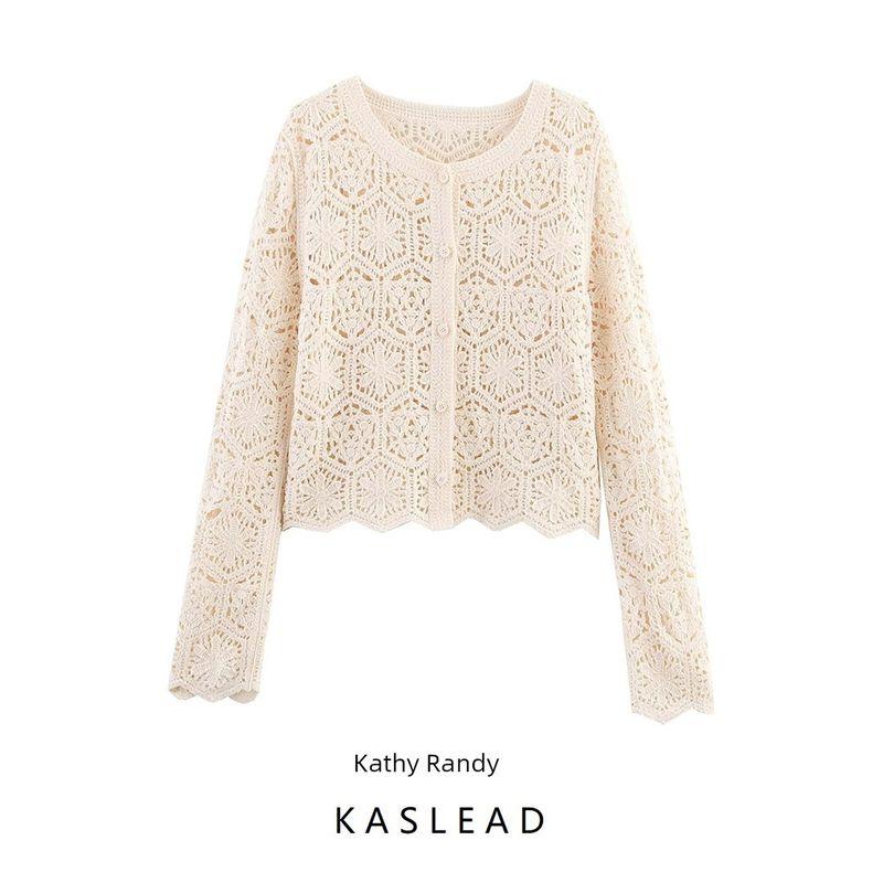Kaslead New Women Clothes Western Style Fashion Round Neck Long Sleeve Hollow Wave Hem Knit Cardigan