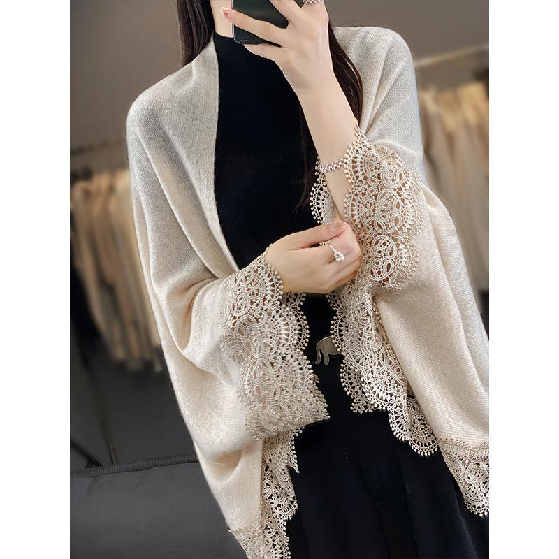 Women Knitted Cardigan Lace Batwing Sleeve Cape Shawl Solid Color Loose Mid-Length Open Front Coat