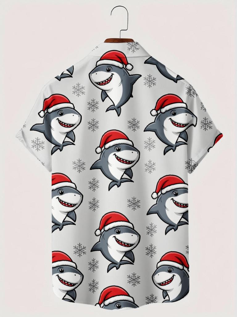 Men's Christmas Themed Short-Sleeve Hawaiian Shirt, Polyester Material, Comfortable and Breathable Fabric, Lapel Collar, 3D Digital Print with Full