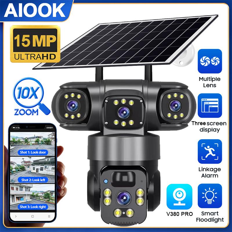 AIOOK 4G Camera HD Three Lens 15MP V380 PRO CCTV Outdoor Solar Camera Waterproof Night Vision Mobile Tracking Two-Way Intercom