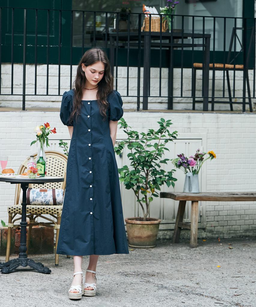 Metapeo Met Puff Sleeve Short Sleeve Long Dress Navy