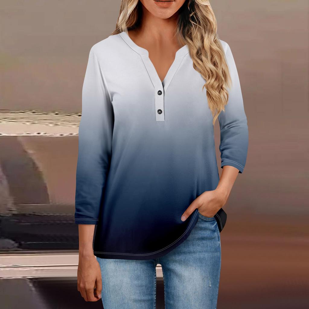 Women's Button Neck Tops Women's Casual Everyday Tops 3/4 Sleeve V Neck Fashion Print Shirt Tops Pocket Tee Sweatshirts