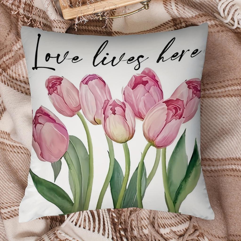 Pink Spring Tulip Print Home Decor Pillowcase Bedroom Living Room Sofa Decoration Polyester Cushion Cover with Zipper