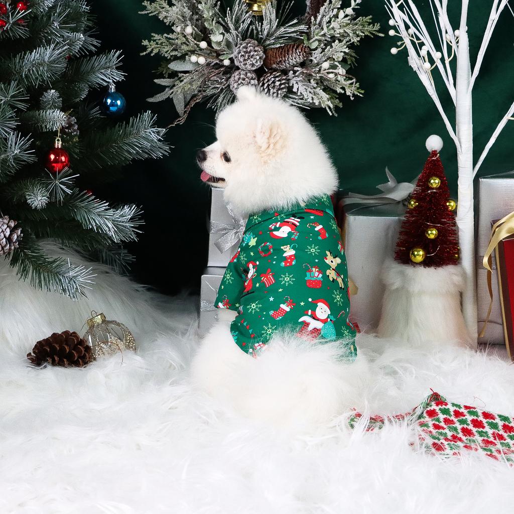 Dog Christmas Clothes for Small Dogs Shirt Santa Claus and ElkPrinted Costume Puppy Pajama with Snow and Gift Box Pattern Doggie
