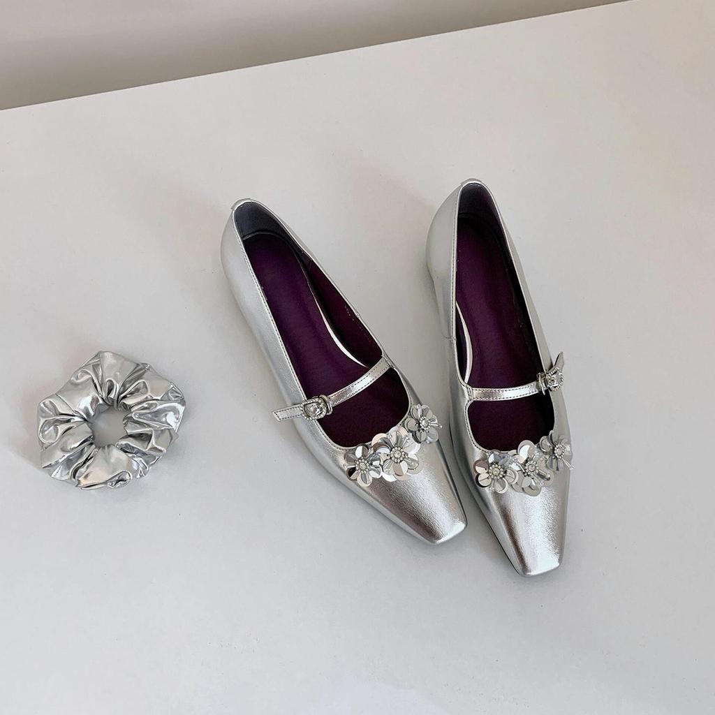 Sheepskin Version~ French Flower Word with Silver Mary Jane Shoes Temperament Square Head Light Mouth with Skirt Height-increasing Single Shoes