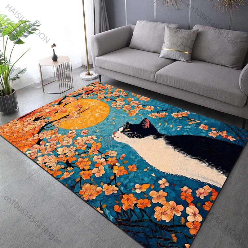 Cat Under The Cherry Blossoms Carpet for Living Room Bedroom Sofa Home Decoration Non-slip Floor Mat Modern Rugs for Gifts