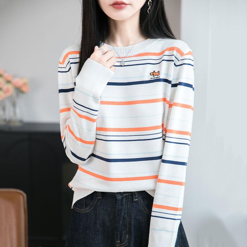Color-blocking Striped Puppy Embroidery Round-neck Long-sleeved Knitted Base Layer Top, Autumn and Winter Pullover Sweater for Women