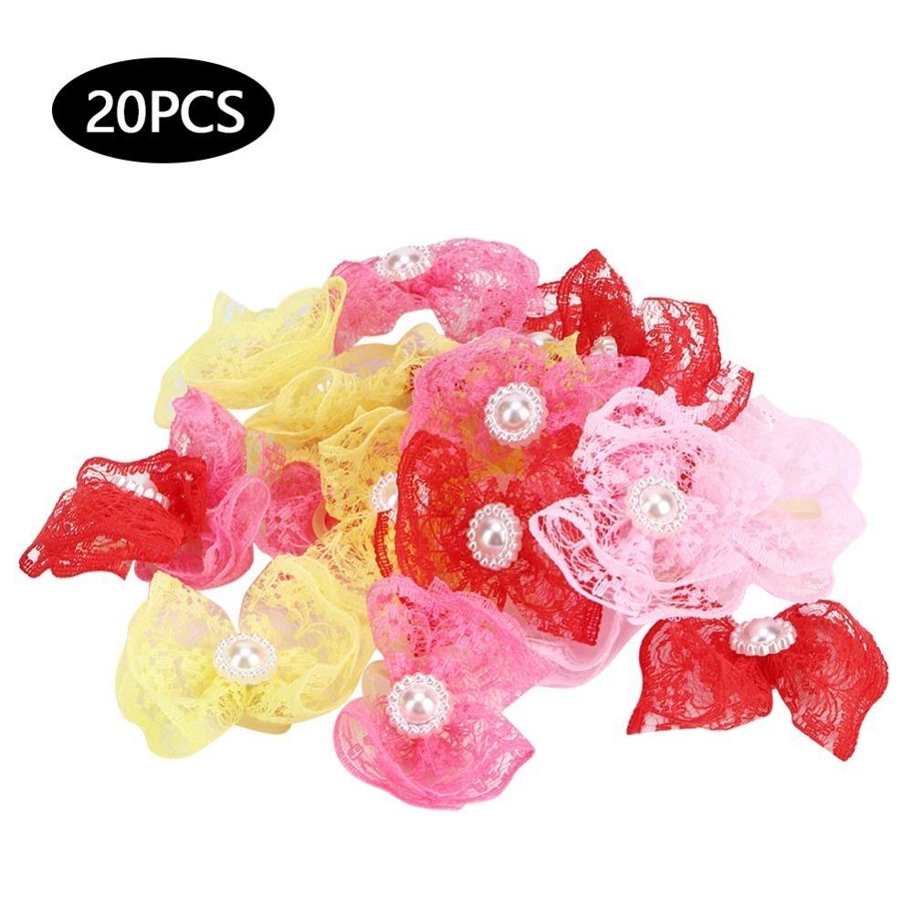 20Pcs Lace Trim Pet Hair Tie Bow Shape Pet Bow Hair Band Pet Lace Headwear Party Dress-up Bow Hair Tie