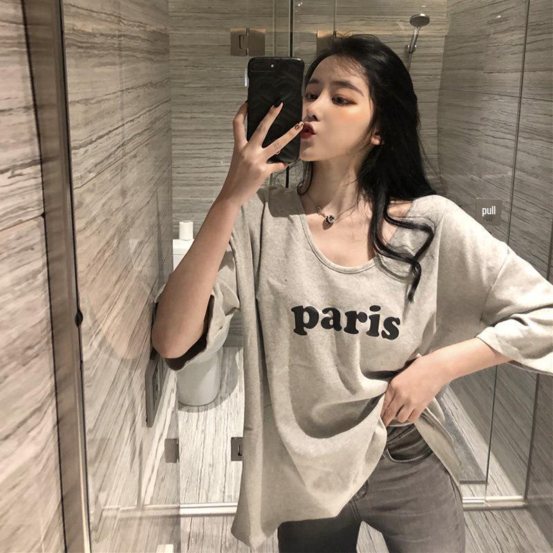 

Женская футболка с коротким рукавом свободного кроя с принтом букв, европейский и американский стиль, корейская версия, летняя мода для студентов M серый