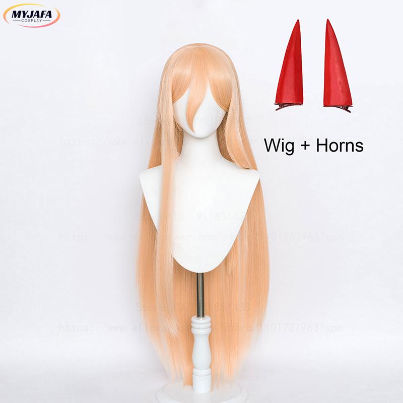 Hoge Kwaliteit Anime Makima Power Cosplay Pruik Lang Oranje Roze Hittebestendig Synthetisch Haar Feest Rolspel Pruiken + Pruikenkapje + Hoorns One Size beige