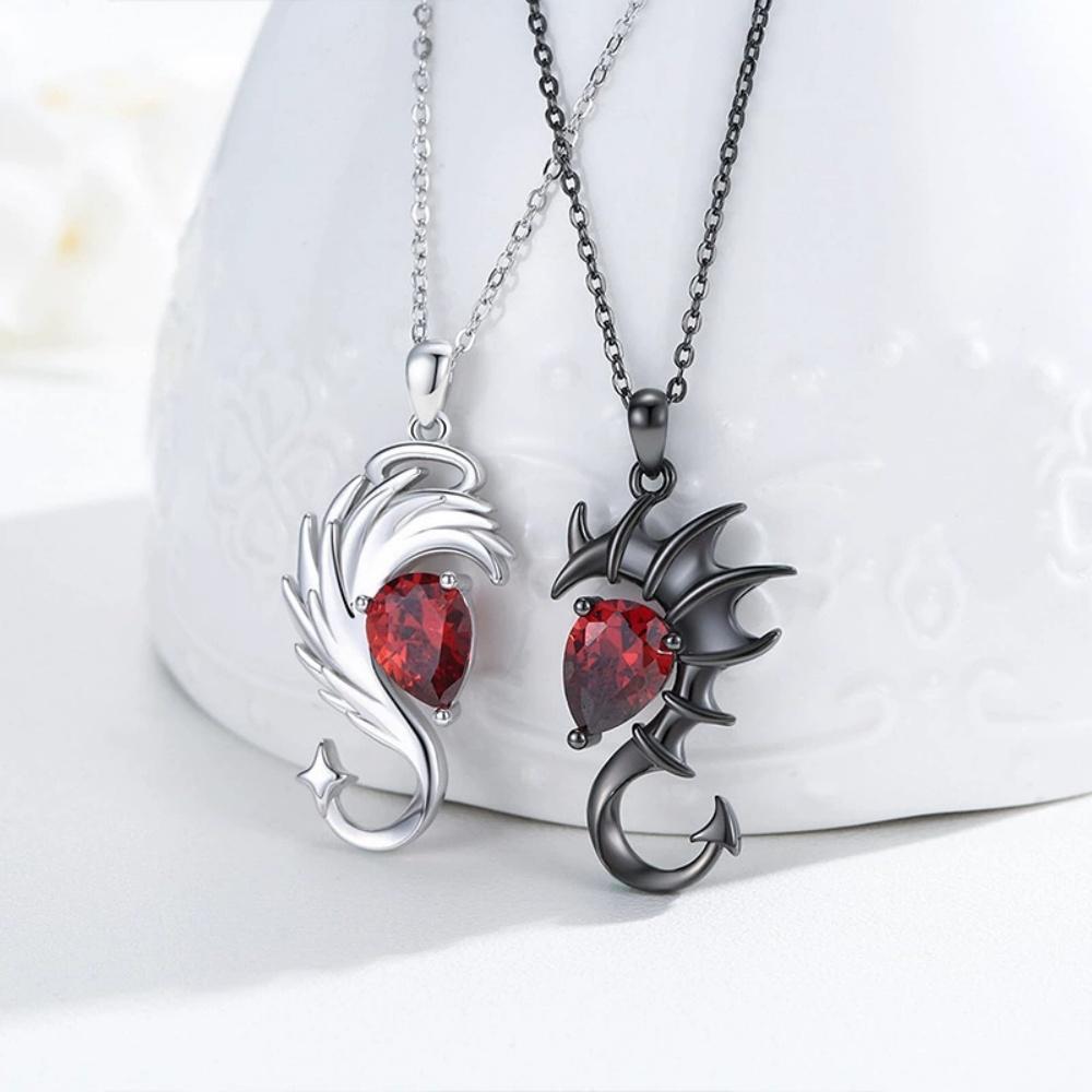 Neue Schwarz-Weiß-Farbe Herz Engel Teufel Flügel Anhänger Halskette Ohrringe Einzigartiger Mode Gothic Valentinstag Schmuck Geschenk