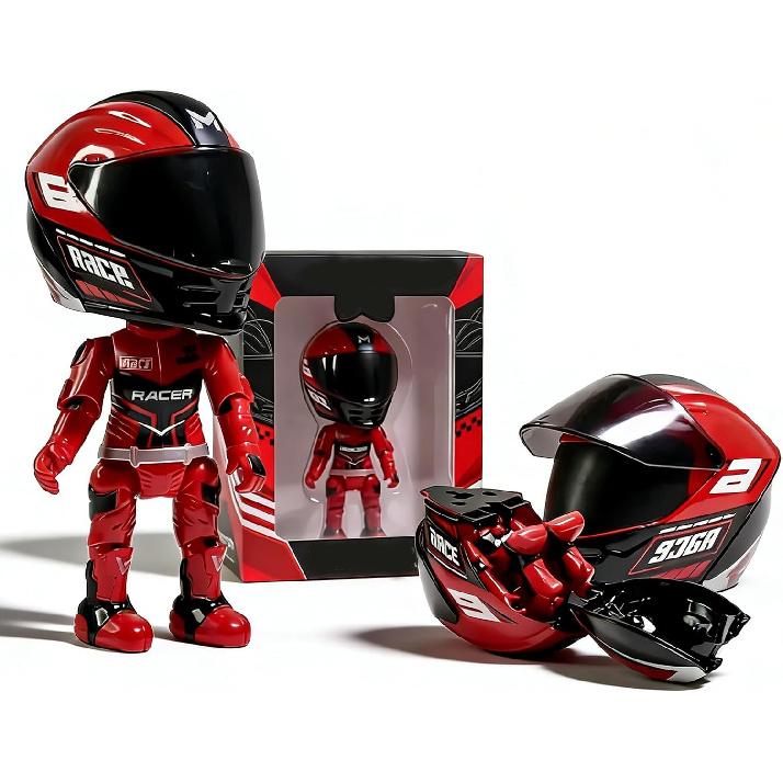 Mini Moto Helmet Heroes Transforming Ornaments with Hidden Racers Inside, Motorcycle Helmet Action Figure with 360-Degree Articulated Joints