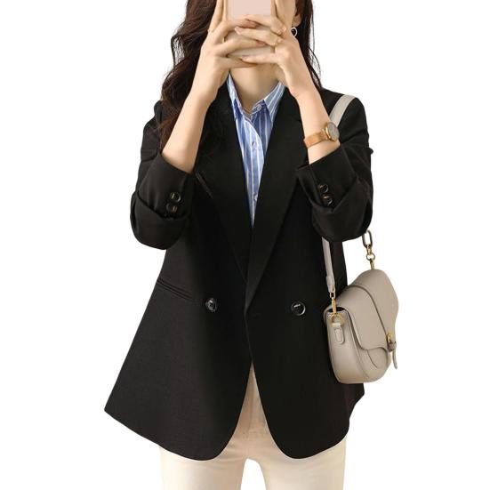 Women Suit Coat with Padded Shoulder Lapel Long Sleeve Two Button Pockets Suit Jacket Solid Color