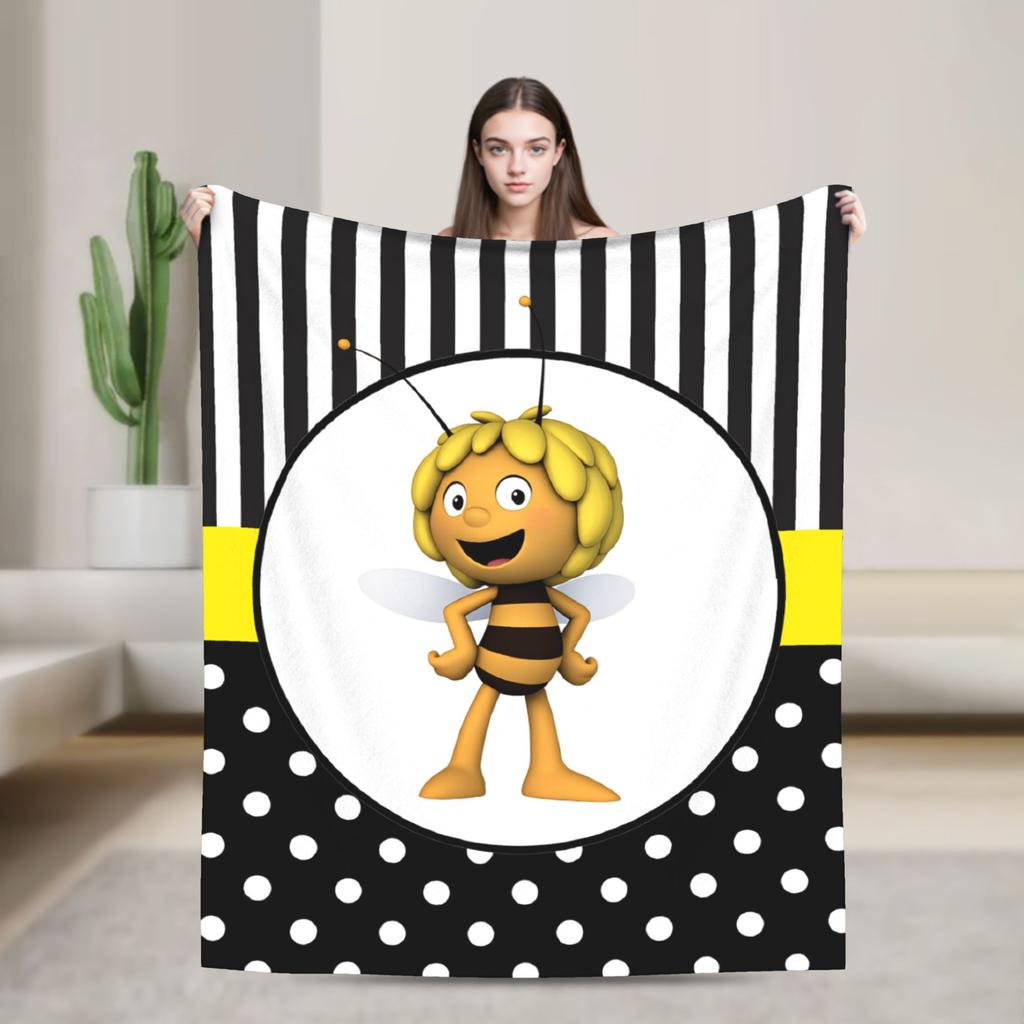 Maya The Bee With Flowers Blanket Cartoon Soft Comfortable Plush Throw Blanket For Couch Bed Camping Flannel Bedspread Bed Cover