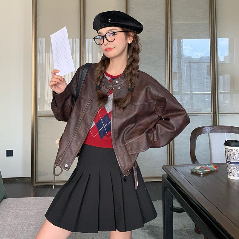 American Retro Casual PU Leather Drawstring Jacket - Autumn 2024, Small Size, Loose Fit, Age-Reducing Design