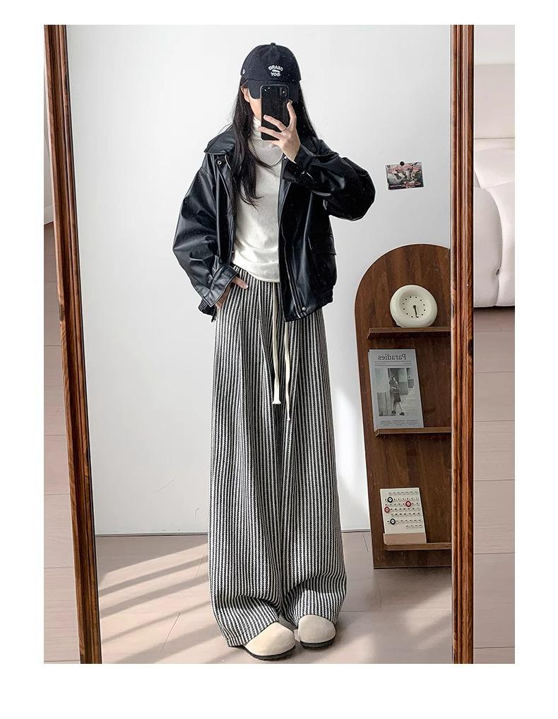 Petite Coffee Pinstripe Casual Women's Wide-Leg Pants, Drawstring High Waist, Relaxed Fit - Perfect for Spring & Autumn.
