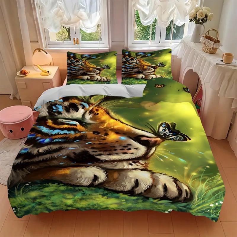 3pcs Tiger Butterfly Design Duvet Cover Set, Cover For Bedroom Guest Room (1 Duvet Cover + 2 Pillowcase, Without Quilt), Yy250922151