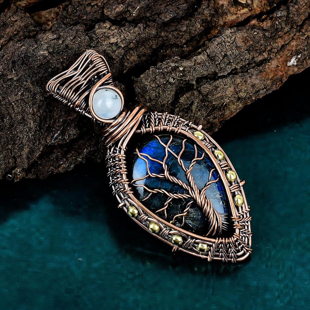 Labradorite Pendant Copper Wire Wrapped Pendant Handmade Birthstone Pendant Tree of Life Jewelry Rainbow Moonstone Jewelry Gemstone Pendant