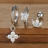 Ensemble de 3 Boucles d'Oreilles Anneau Couronne en Acier Inoxydable Couleur Argent pour Femmes Quatre Fleurs Zirconium Piercing Cartilage Boucle d'Oreille Bijoux Mode
