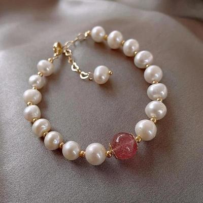 Pulsera Sencilla de Cristal de Fresa para Mujer Perla Natural