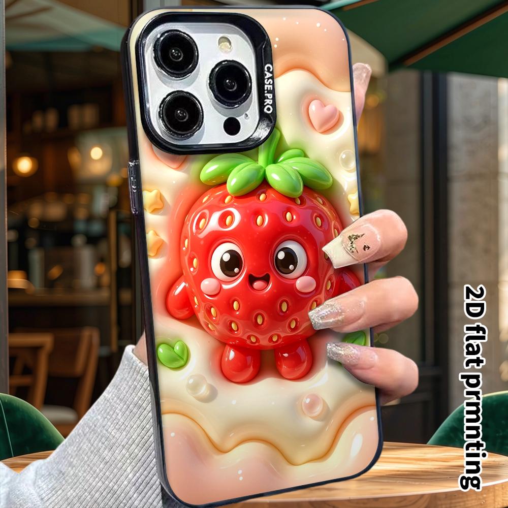 Phone Case: 2D Flat Design, Fits iPhone 18, 17, 16, 15, 14, 13 Pro, Cartoon Little Red Strawberry Character, Perfect Christmas and Halloween Holiday G