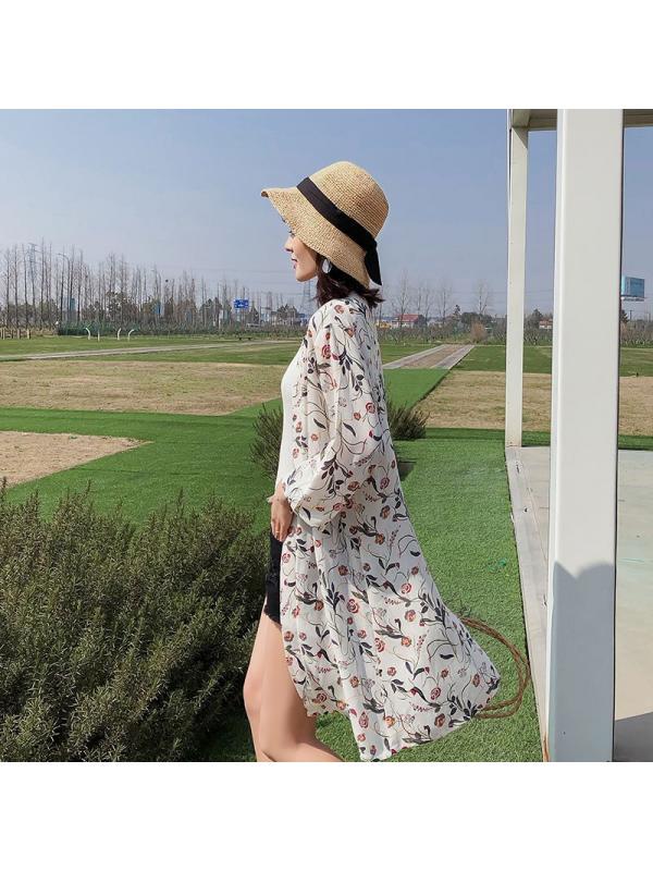 Women Mid-Length Chiffon Print Sun Protection Clothing Seven-Point Sleeve Cardigan