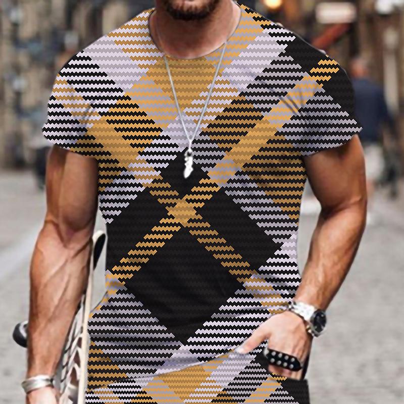 Fashion Hot Men's T-shirts Plaid Stripe Pattern Summer Tracksuit Oversized T-shirt Sportswear Luxury 3D Printed O Neck Funny