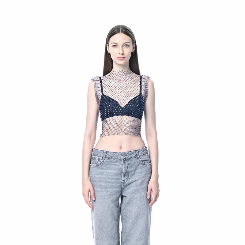 

Rhinestone Fishnet Short Sleeve Party Top - Sexy Sparkling Vest One Size
