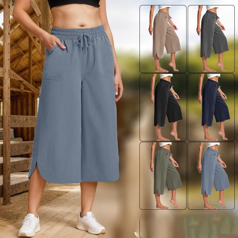 Women Spring Fall Fashion Wardrobe Staple Solid Color High-Waisted Wide Leg Capri Pants Trousers with Pocket