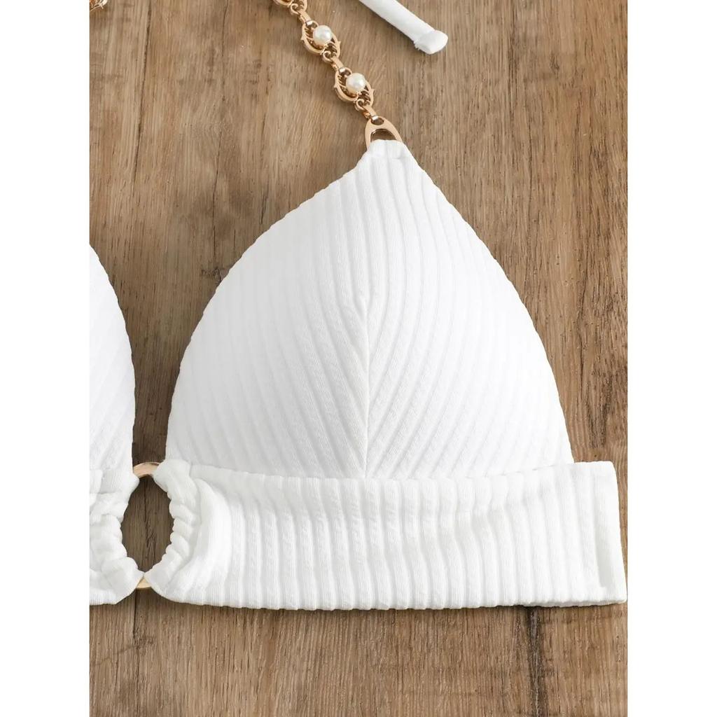 Chain Linked Cut Out Halter Bikini Sexy Swimsuit Women White Swimwear Female Bathers Bathing Swimming Swim Suit Beachwear