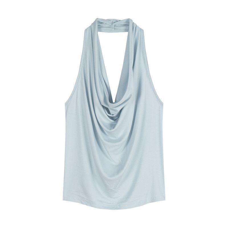 Temperament blue swinging collar neck sling vest women's summer slim spice girl design sense sleeveless backless top outer wear