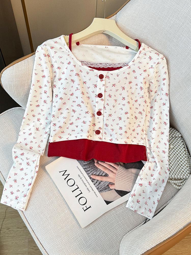 Women's Floral Button-Up Two-Piece-Style Long-Sleeve Slim Fit Top