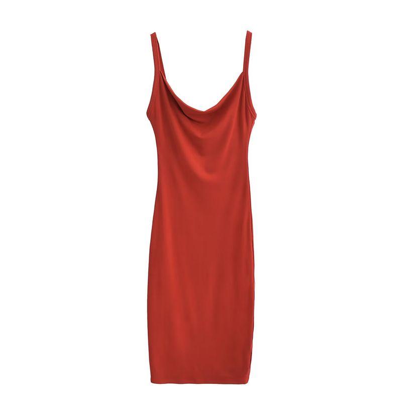 

European and American Sexy Swing Collar Design Sense Sling Sheath Dress Women Summer Temperament Base Long dress Red M