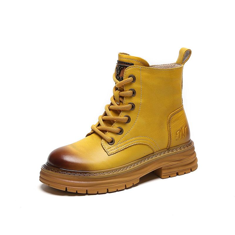 Martin Boots Women's Autumn and Winter, the New Super Soft First Layer Cowhide British Style Platform Internet Celebrity Velvet Short Boots Women's B