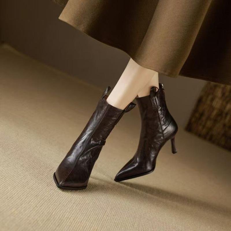 New Style Fashion Women's High Heel Short Leather Boots Female Pointed Thin Heel Boots Ladies Ankle Short Boots  Mujer