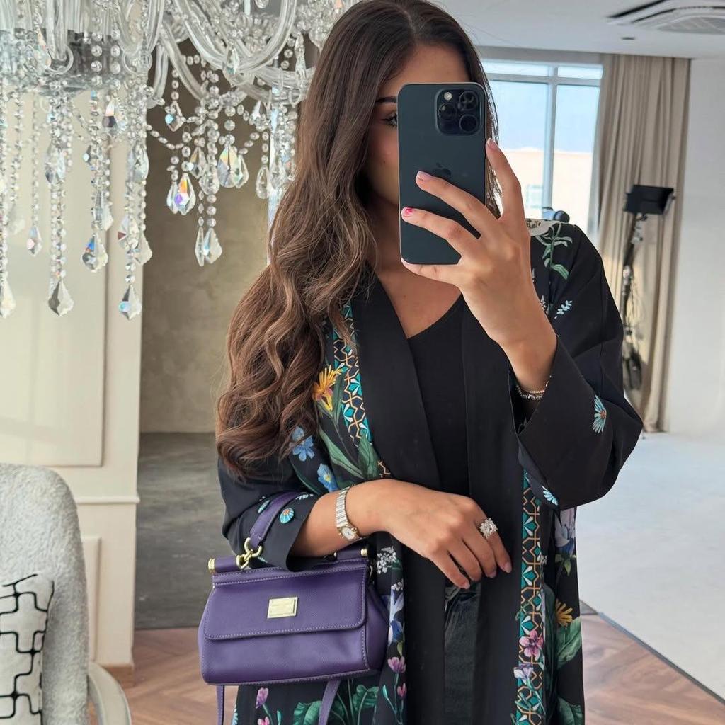 MQ236 Women's Middle Eastern Fashion: Printed Abaya Robe with Hijab & Cardigan, Large Swing Overcoat