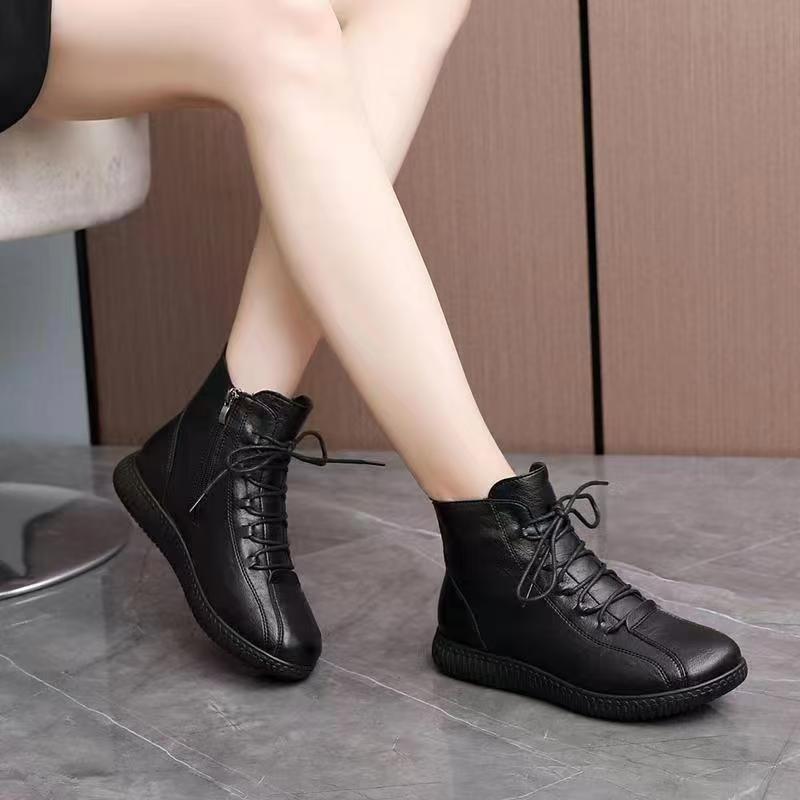 Women Winter New Leather Ankle Snow Boots Waterproof Non Slip Thicken Plush Keep Warm Round Toe Flat Sole High Top Cotton Shoes