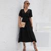 Women Summer Fall Casual Long Dress Solid V-neck Short Butterfly Sleeve Bandage Belt Sizes S-XXL
