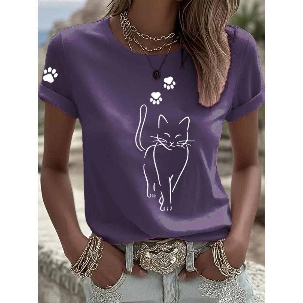 Ilstile Women's Cat Paw Print T-Shirts Summer Short Sleeve Casual Round Neck Tops Black Blue Pink Tees Hot Sale