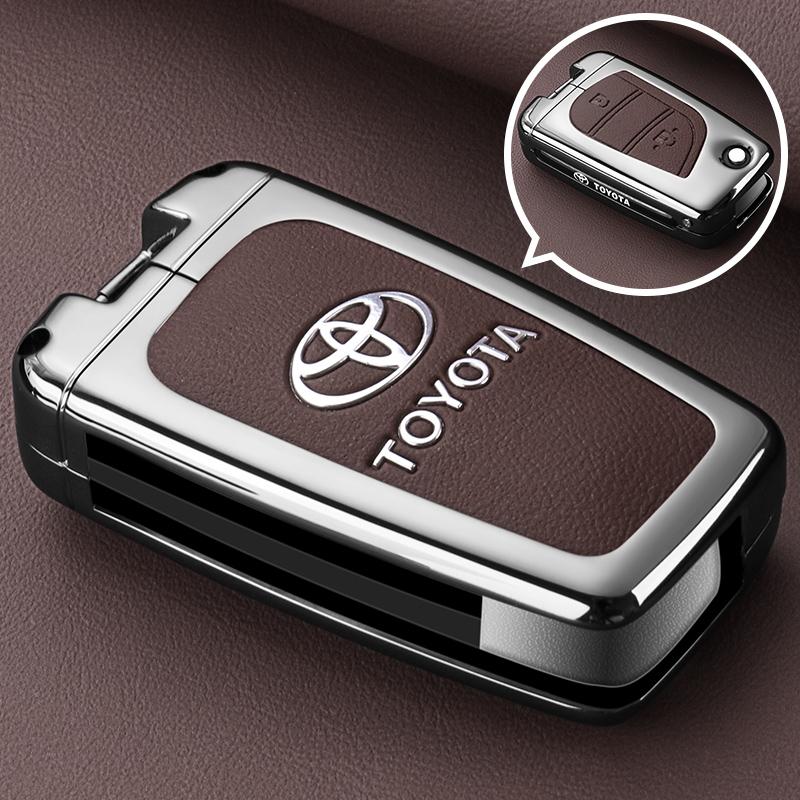 APQ4   Metal Leather Flip Car Key Fob Case Cover Keychain Ring For Toyota CHR C-HR Corolla Hatchback Sedan RAV4 LE Camry SE Hilux