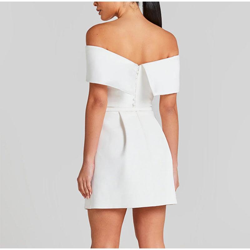 Women Simple Patchwork Off The Shoulder Party Dress Spring Summer Short Sleeve Mini Dress Slash Neck Solid Color Ladies Dress