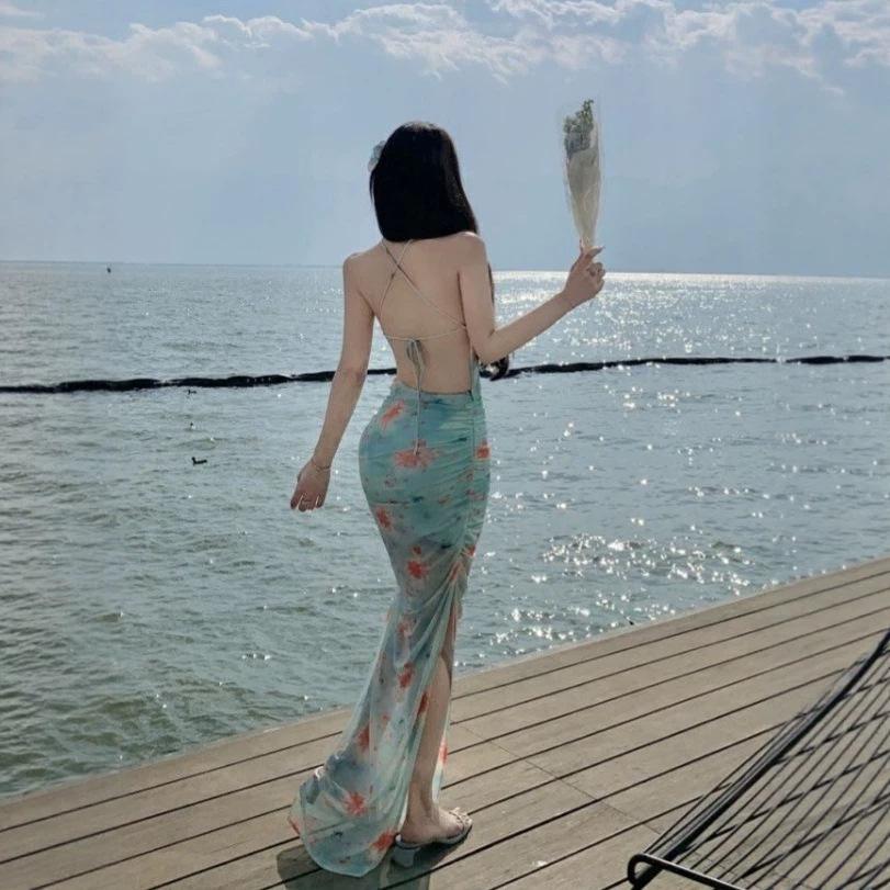 Sweet and Spicy High Split Slim Fit Halter Dress Summer Photo Beach Skirt Seaside Vacation Atmosphere Skirt