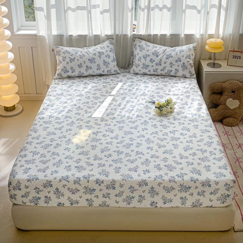 Washed Cotton Fitted Sheet with Elastic Bands Non Slip Adjustable Mattress Cover Printed  Pure Cotton  for Double King Queen