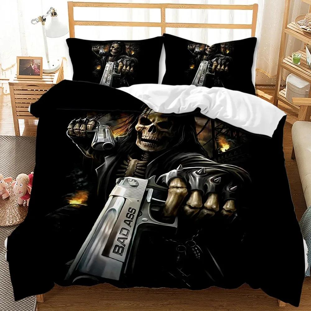 Skull Teen Comforter Cover King Queen Size,Halloween Skeleton Floral Duvet Cover Horror Gothic Black Soft Polyester Quilt Cover