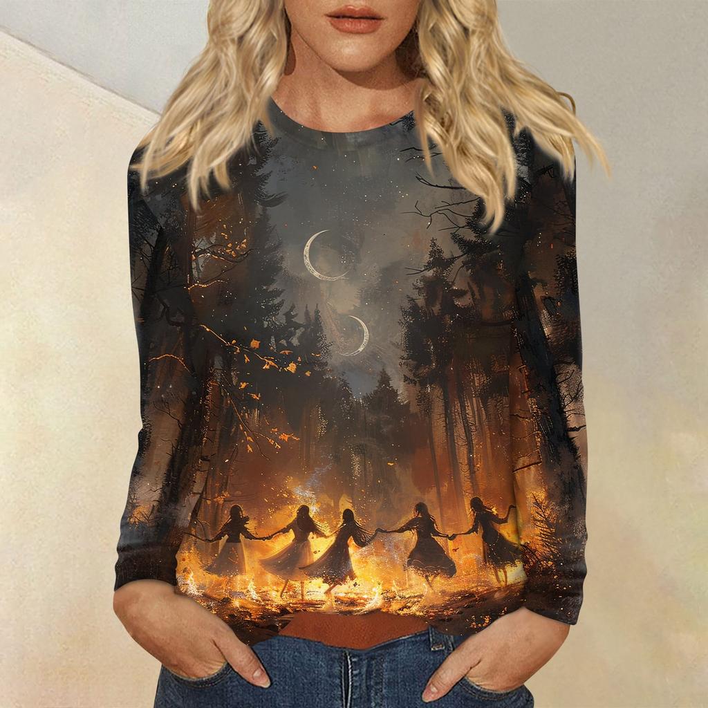 Women's Fashion Casual Halloween Printed Round Neck Long Sleeve Pullover Top