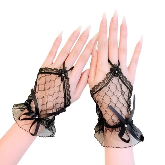 Women Lace Gloves Fingerless Mesh Gloves with Bow Embellishment for Wedding Princess Style Stage Performance Ballet Party Cosplay Bridal Accessories